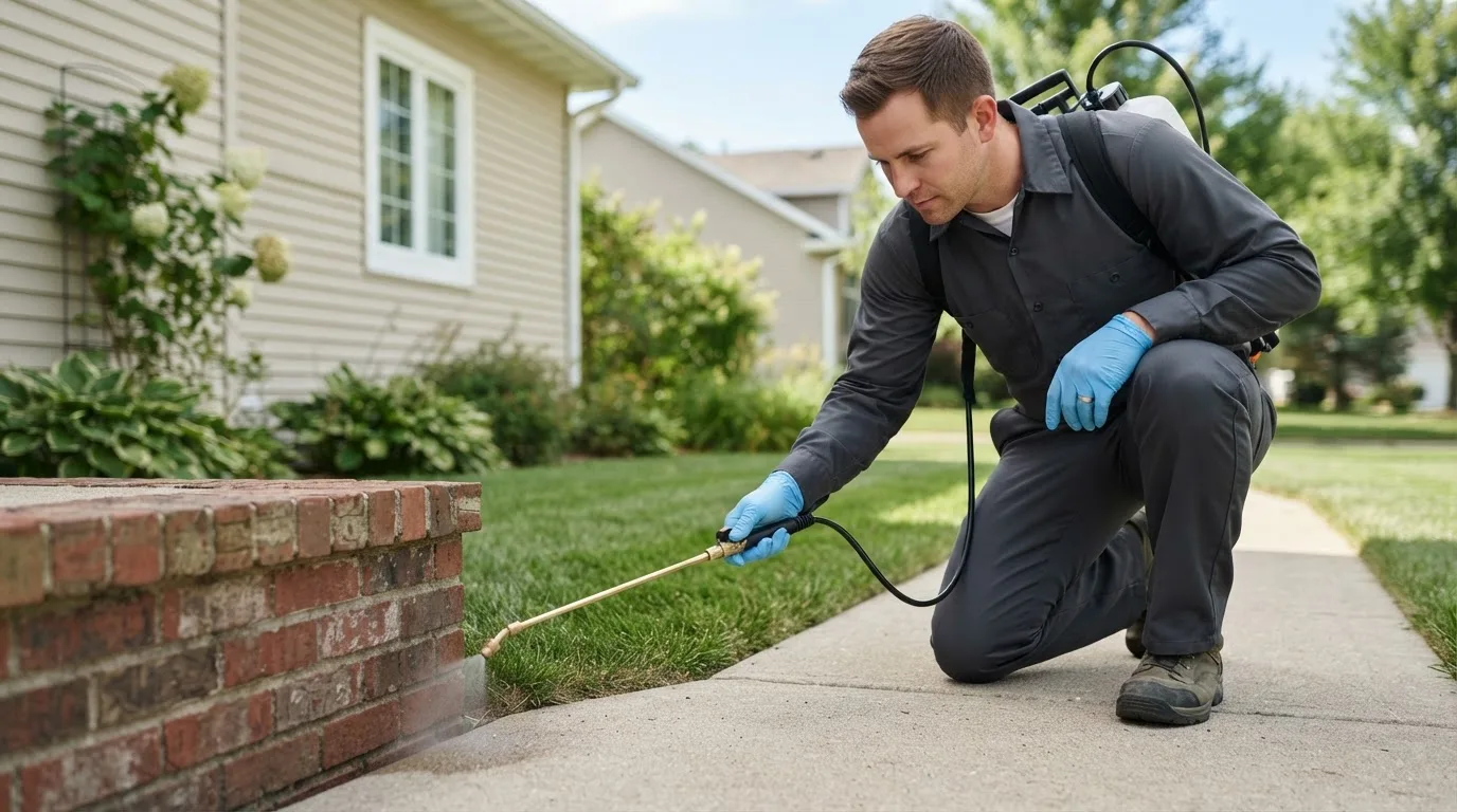 Pest control technician treating a home near Gilsum, NH